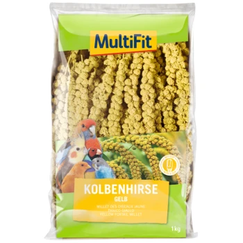 Un sac de 1 kg de millet jaune étiqueté "Kolbenhirse Gelb" de MultiFit, présentant des oiseaux colorés à l'avant.