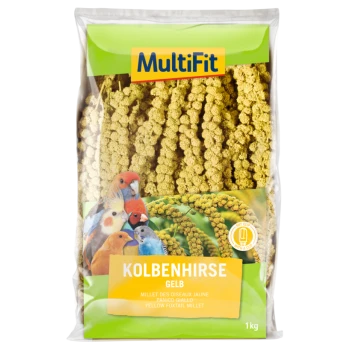 Ein 1kg Beutel gelber Kolbenhirse, beschriftet mit "Kolbenhirse Gelb" von MultiFit, mit bunten Vögeln auf der Vorderseite.