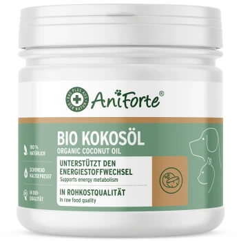 Glas mit biologischem Kokosöl, beschriftet mit "AniForte" und einem Text in deutscher Sprache, der besagt, dass es den Energiestoffwechsel unterstützt und in Rohkostqualität ist.