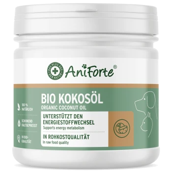Glas mit biologischem Kokosöl, beschriftet mit "AniForte" und einem Text in deutscher Sprache, der besagt, dass es den Energiestoffwechsel unterstützt und in Rohkostqualität ist.