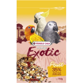 Versele-Laga Prestige Exotic Vogelfutter-Packung mit drei Papageien, Trockenfruchtmischung und sichtbarem Text '35% Trockenfrüchte, e750 g'.