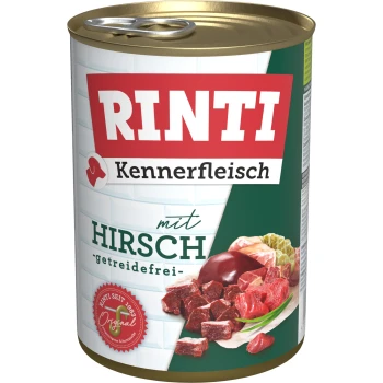 Rinti Kennerfleisch Dosenfutter für Haustiere mit Hirsch, mit einem bunten Etikett, das 'mit HIRSCH -getreidefrei-' angibt und Bildern von Fleischstücken.