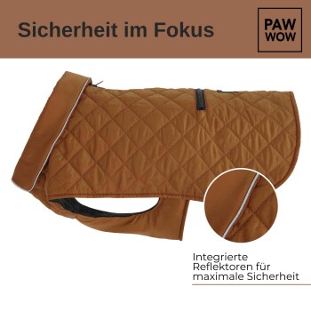 Ein brauner, gesteppten Hundemantel mit reflektierenden Akzenten, mit dem Text "Sicherheit im Fokus" und "Integrierte Reflektoren für maximale Sicherheit."