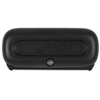 Schwarzer Bugalugs Haustierpflegekamm mit feinen Zähnen und einer zentralen Schraube auf weißem Hintergrund.