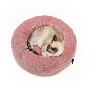 Creme-braune Siamkatze, zusammengerollt in einem runden rosafarbenen Cord-Donut-Haustierbett.