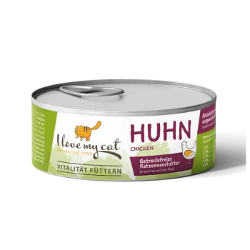 Eine Dose "Ich liebe meine Katze" getreidefreies Nassfutter mit der Aufschrift "Huhn" (Huhn) und einer verspielten orangefarbenen Katzenillustration.
