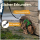 Eine getigerte Katze mit einem grünen Geschirr erkundet den Boden, mit einer 1,4 m langen Leine befestigt. Der Text lautet 'Sicher Erkunden' und '360° Karabiner.'