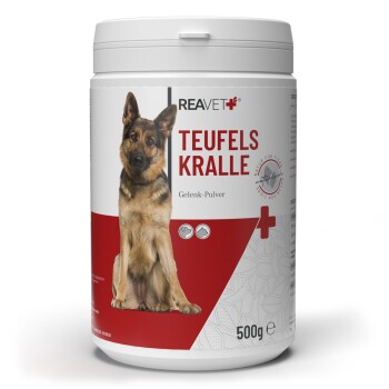 Behälter mit REAVET Teufelskralle Gelenk-Pulver für Hunde, mit einem Deutschen Schäferhund auf dem Etikett, 500g Größe.