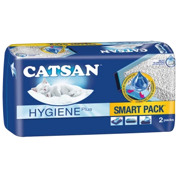 Catsan Hygiene Plus Smart Pack kattenbakvulling, met een slapende witte kat op de verpakking, inclusief twee pakken.