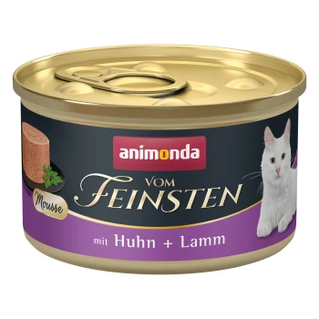 Dosenkatzenfutter mit der Aufschrift "animonda vom Feinsten" mit Huhn und Lamm, mit einem Bild einer weißen Katze und Mousse-Textur.