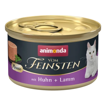 Dosenkatzenfutter mit der Aufschrift "animonda vom Feinsten" mit Huhn und Lamm, mit einem Bild einer weißen Katze und Mousse-Textur.