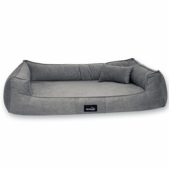 Graues Haustierbett mit erhöhten Rändern und einem kleinen Kissen, mit einem schwarzen Etikett mit dem Markennamen "tierlando."