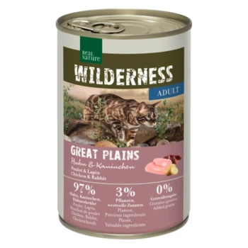 WILDERNESS Nassfutter Katze, Adult Great Plains Huhn und Kaninchen 6x400 g Dose Katzenfutter mit der Aufschrift "Wilderness Adult Great Plains", die eine Bengalkatze auf dem Etikett zeigt, mit 97% Huhn und Kaninchen als Zutaten.