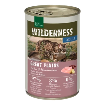 Dose Katzenfutter mit der Aufschrift "Wilderness Adult Great Plains", die eine Bengalkatze auf dem Etikett zeigt, mit 97% Huhn und Kaninchen als Zutaten.