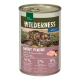Dose Katzenfutter mit der Aufschrift "Wilderness Adult Great Plains", die eine Bengalkatze auf dem Etikett zeigt, mit 97% Huhn und Kaninchen als Zutaten.