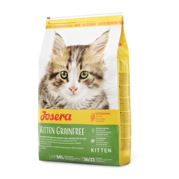 Josera Kitten Grainfree Hundefutterbeutel mit dem Gesicht eines Kätzchens, das seine getreidefreie Formel und Wachstumsbenefits zeigt.