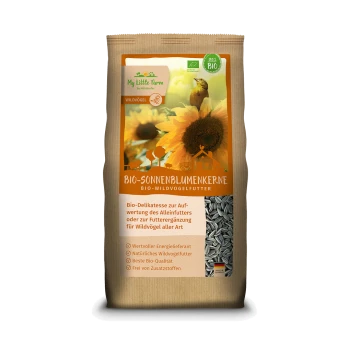 Biologische Sonnenblumenkerne für Wildvögel, mit einem bunten Design mit Sonnenblumen und Vögeln, beschriftet mit "BIO-Sonnenblumenkerne."