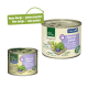 Zwei Dosen "Real Nature" Haustierfutter: größere "Adult" mit Ente und Spinat, kleinere mit "Neues Design – gleiche Qualität!" Blase.