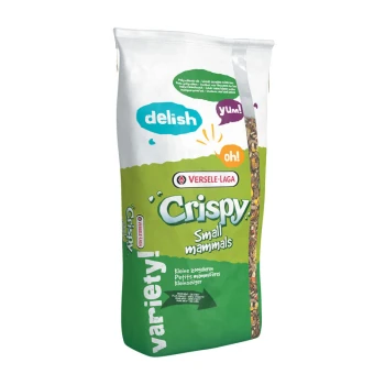 Crispy Pellets - Rats & Mice 20 kg Knapperig voedsel voor kleine zoogdieren van Versele-Laga, met kleurrijke verpakking met tekst 'delish,' 'yum!,' en 'variety!'