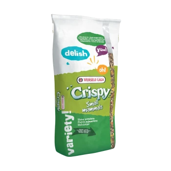 Crispy Futter für kleine Säugetiere von Versele-Laga, mit bunter Verpackung und den Texten "delish", "yum!" und "variety!"