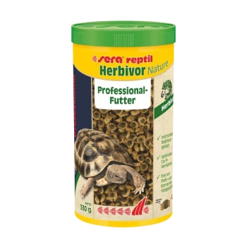 Canister de nourriture pour tortues Sera reptil Herbivor Nature, 330g, avec une tortue sur le devant et un texte mettant en avant la haute teneur en fibres.