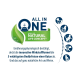 Logo voor "Happy Cat Natural Life Concept" met de tekst "ALL IN ONE" en een groene blad, dat een formule voor kattenvoeding benadrukt.