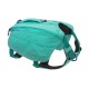 Ein türkisfarbener Hunderrucksack mit verstellbaren Riemen und einem oberen Griff, mit einem Reißverschlussfach und dem Markennamen "RUFFWEAR."