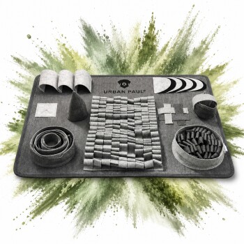 Graue Urban Paul Schnüffelmatte mit Taschen, Kegeln und Schälchen für Hundeleckerlis, URBAN PAUL-Logo auf grünem Farbspritzer-Hintergrund
