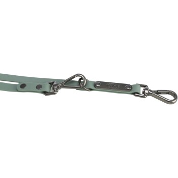 Eine grüne Hundeleine mit einem Metallclip und einem markierten Metallschild, die ein schlankes und modernes Design zeigt.