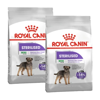 Mini Sterilised 2x8 kg Zwei Tüten Royal Canin Hundefutter mit der Aufschrift 'Sterilised Mini', entworfen für Hunde bis zu 10 kg, die eine ideale Gewichtserhaltung mit -14% Kalorien fördern.