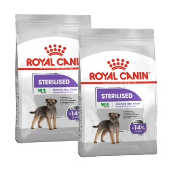 Deux sacs de nourriture pour chiens Royal Canin étiquetés 'Sterilised Mini', conçus pour les chiens jusqu'à 10 kg, promouvant le maintien d'un poids idéal avec -14 % de calories.