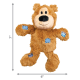 Braunes Plüsch-Teddy-Haustierspielzeug mit schwarzer Nase und blauen Flickenakzenten; gezeigt mit Maßangaben 7\" Höhe und 6\" Breite (Pfeile)