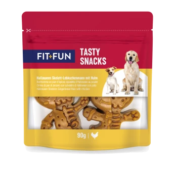 FIT+FUN TASTY SNACKS Beutel mit Lebkuchen-Skelett-Hundeleckerlis, zwei Hunde abgebildet, 90 g, Hähnchengeschmack.