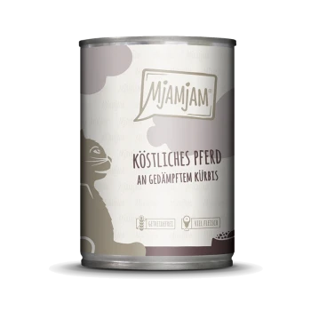 Dose mit Mjamjam-Hundefutter mit einer Katzensilhouette, beschriftet "Köstliches Pferd an gedämpftem Kürbis" (Pferdefleisch mit gedämpftem Kürbis).
