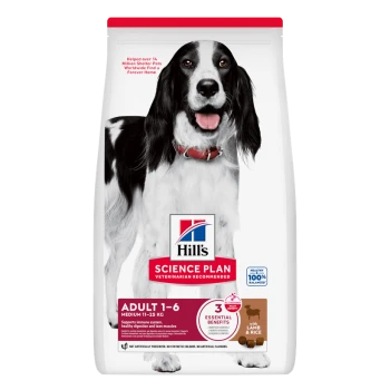 Sac d'aliments pour chiens Hill's Science Plan adulte, Medium 1–6 (11–25 kg), agneau et riz, « 3 bienfaits essentiels », recommandé par les vétérinaires.