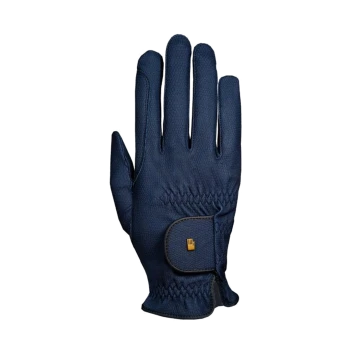 Marineblaue Haustierpflegehandschuh mit strukturierter Oberfläche und verstellbarem Handgelenkriemen, vor einem schlichten Hintergrund präsentiert.