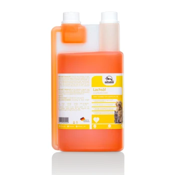 Flasche mit Lachsöl für Hunde, gekennzeichnet mit 'Lachsöl', mit Nährwertinformationen und einem Bild eines Golden Retrievers.