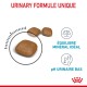 Alimentation unique pour animaux de compagnie avec une formule urinaire, avec des morceaux de croquettes brunes, présentant le texte : "Équilibre minéral idéal" et "pH urinaire bas."