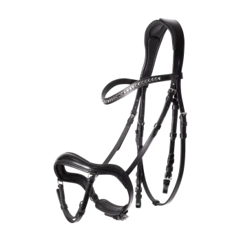 Schwarzes Lederpferdegeschirr mit gepolstertem Kopfstück und dekorativen Strasssteinen entlang des Stirnbands, das verstellbare Riemen zeigt.