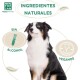 Ein schwarz-weißer Hund sitzt stolz, umgeben von Text, der "Ingredientes Naturales", "Sin Alcohol" und "Vegan Friendly" hervorhebt.