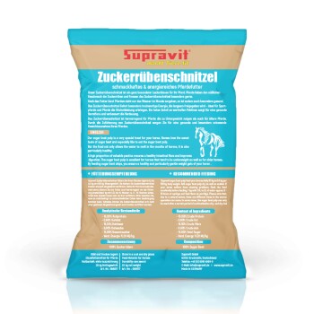 Sack Supravit Zuckerrübenschnitzel Pferdefutter mit Fütterungshinweisen und Zutaten auf Deutsch und Englisch.