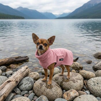 Ein brauner und schwarzer Hund, der ein weiches rosa Handtuch trägt, von hinten gesehen, vor einem schlichten weißen Hintergrund.