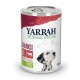 Boîte de nourriture pour chiens bio-organique Yarrah avec des morceaux de bœuf, d'ortie et de tomate, avec une image de chien dalmatien et le texte "BIO ORGANIC."