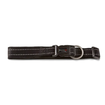 Schwarzes Nylonhundehalsband mit reflektierend weißer Naht, Kunststoffschließe mit der Aufschrift WOLTERS und rotem Quadrat sowie Metall-D-Ring.