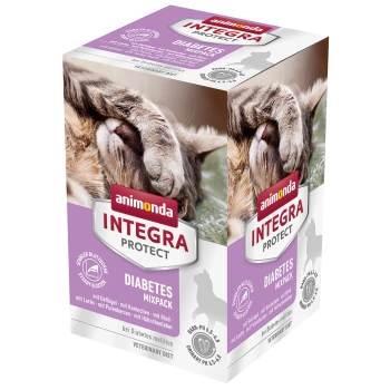 Integra Protect Diabetes Mix-Pack 6x100 g Verpackung für Animonda Integra Protect Diabetes Mixpack, mit einer Grafik von Katze und Hund, mit Text, der auf stabilen Blutzucker und veterinärmedizinische Diät hinweist.