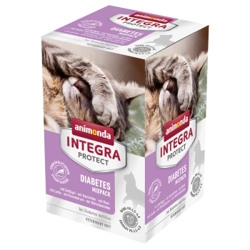 Verpackung für Animonda Integra Protect Diabetes Mixpack, mit einer Grafik von Katze und Hund, mit Text, der auf stabilen Blutzucker und veterinärmedizinische Diät hinweist.