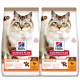 Zwei Tüten Hill's Science Plan Katzenfutter mit einer flauschigen blauäugigen Katze. Die Etiketten sagen "Kein Getreide", "Erwachsene 1-6" und "Huhn #1 Zutat."