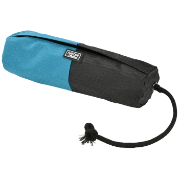Un sac à jouets pour animaux de compagnie à motif hexagonal bleu et noir avec un cordon de serrage, présentant le logo 'AniOne' sur le côté.