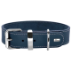 Marineblauer Leder-Hundehalsband mit silberner Metallschnalle und D-Ring, mit weißen Nähten und einem kleinen 'HUNTER'-Logo.