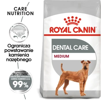 Torba z jedzeniem dla psów Royal Canin Dental Care, z medium-sized psem, z tekstem podkreślającym korzyści dla zdrowia jamy ustnej i 99% skuteczności.